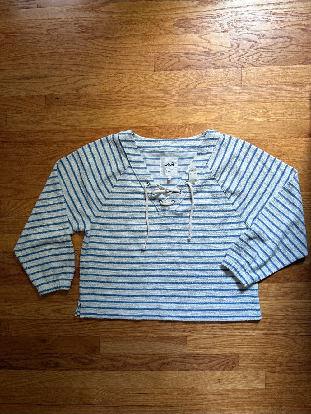 aerie Blue and White Striped Lace-Up Pullover